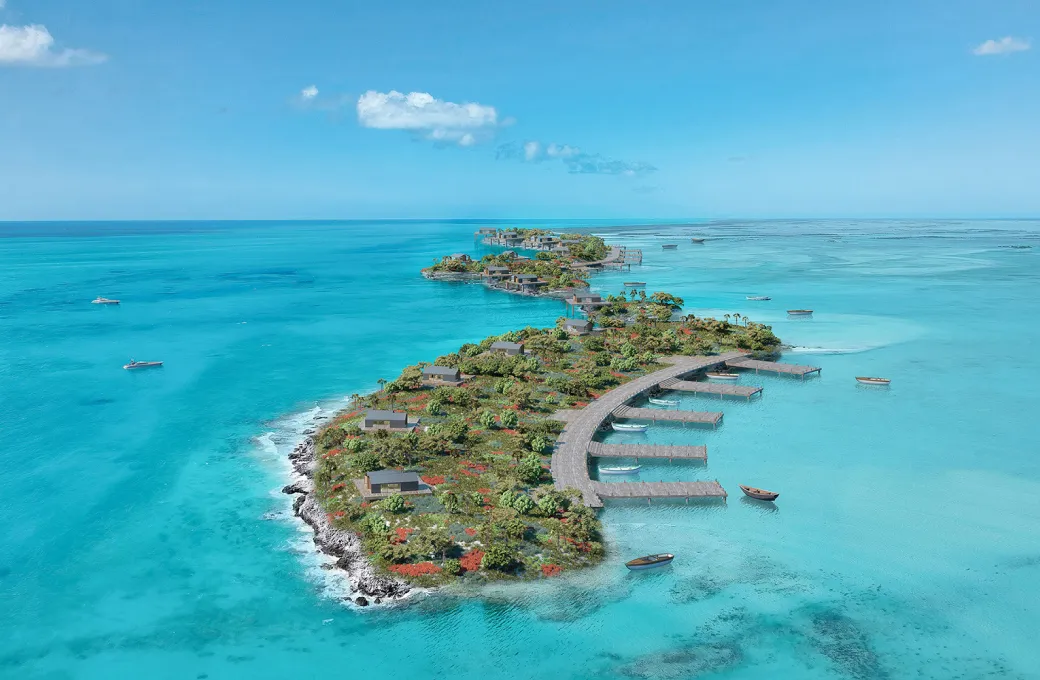 A beautiful island in the ocean with a dock.