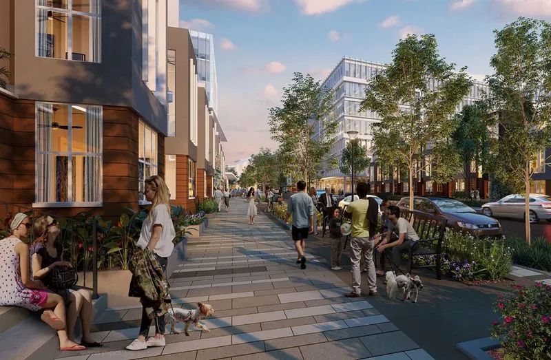 A drawing of a city street with people and dogs.