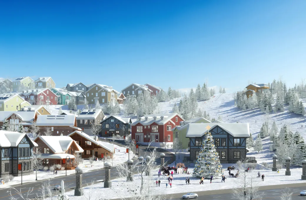 A snowy street with a car driving down it.