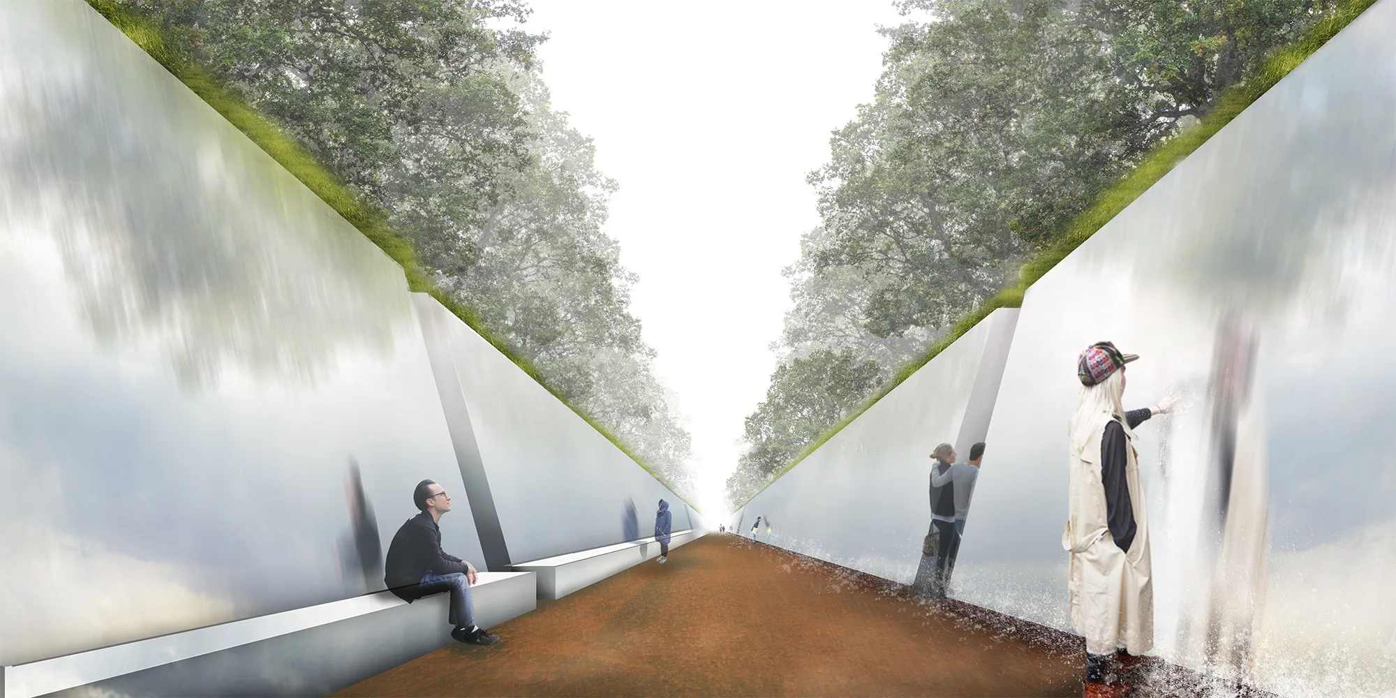 A conceptual rendering of a modern memorial walkway, enclosed by angled reflective walls with visitors sitting and walking along the pathway, surrounded by trees.