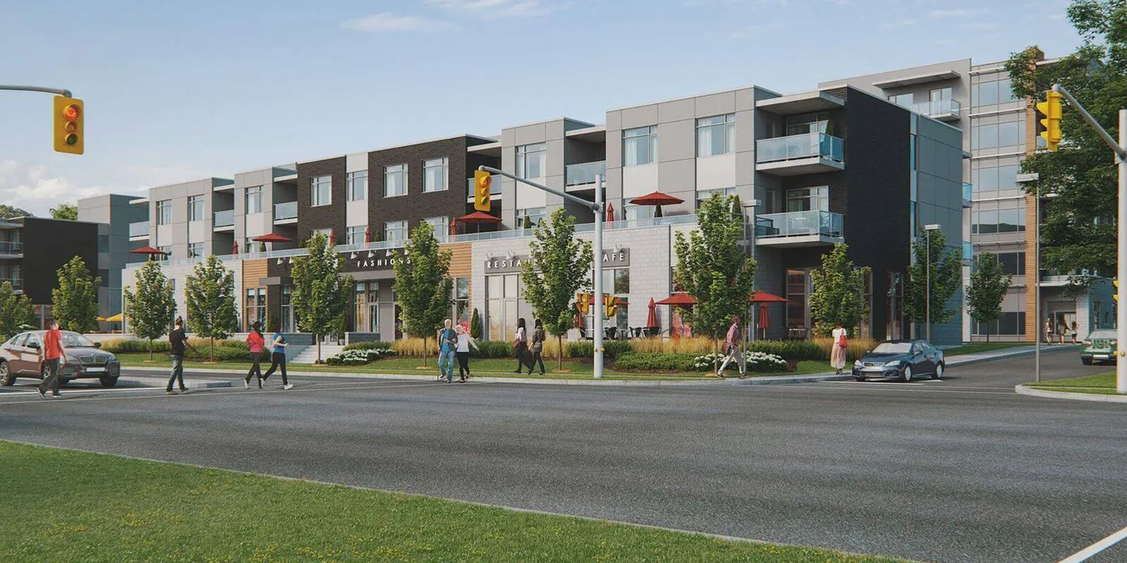 A city street with apartment buildings and a crosswalk.