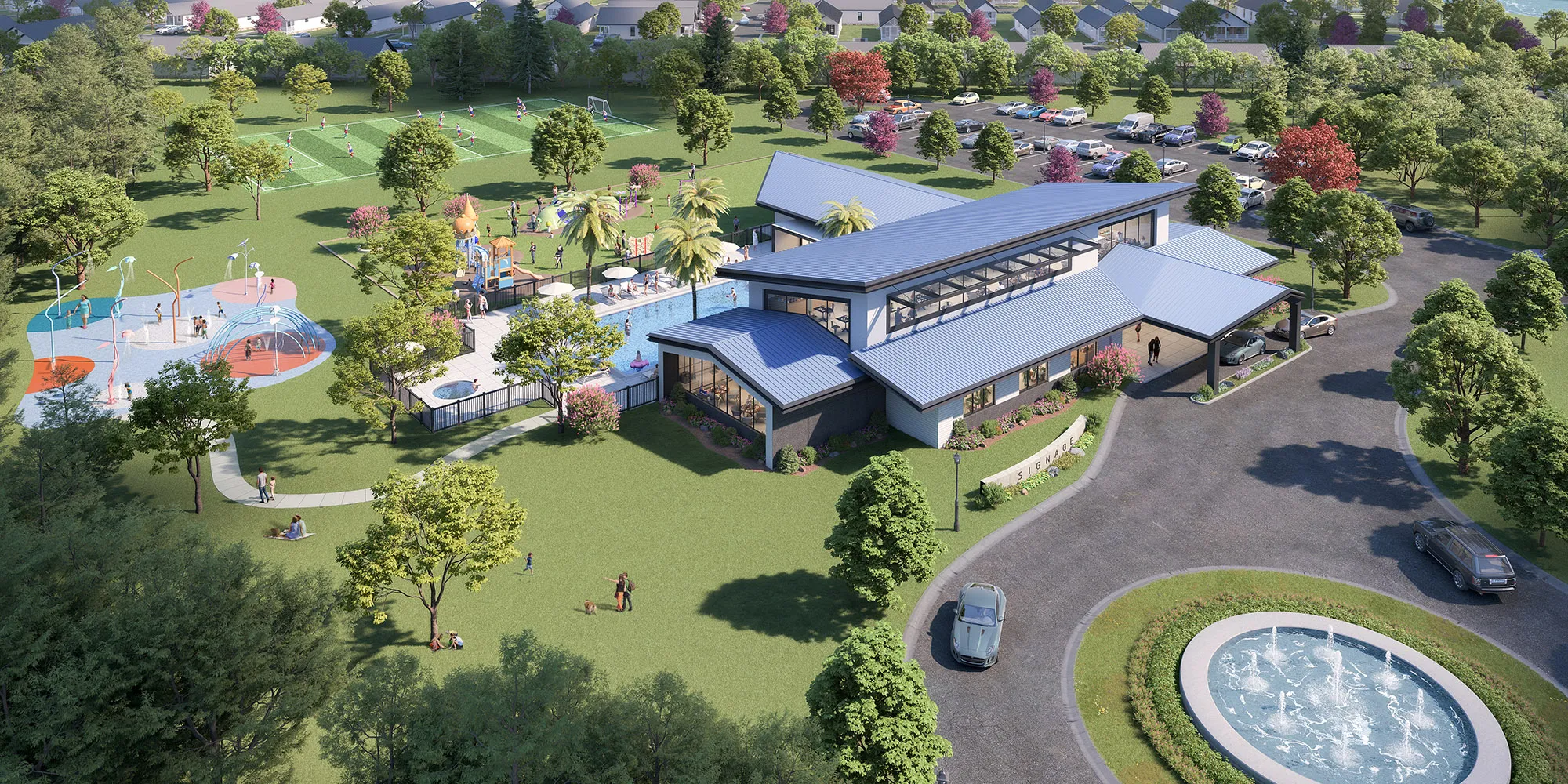 A 3D rendering of a large building with a pool and a fountain.