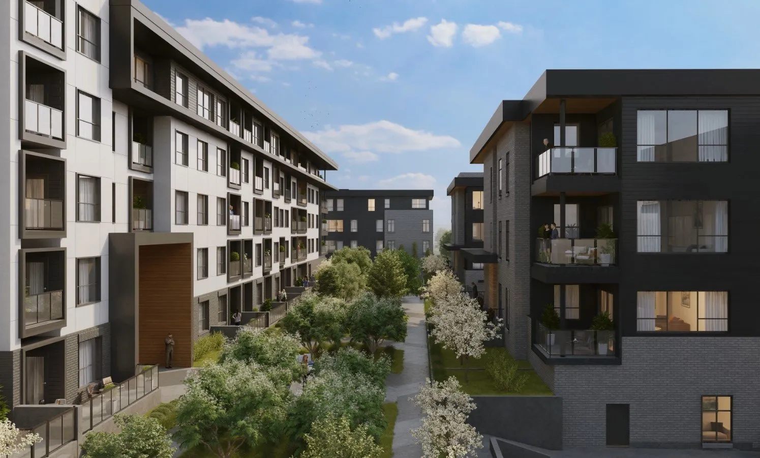 A modern, tree-lined residential courtyard with brick townhouses, warm outdoor lighting, and lush greenery, creating a welcoming urban living space.