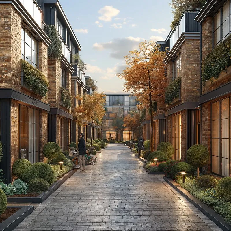 A brick walkway between two buildings with a woman walking down it.