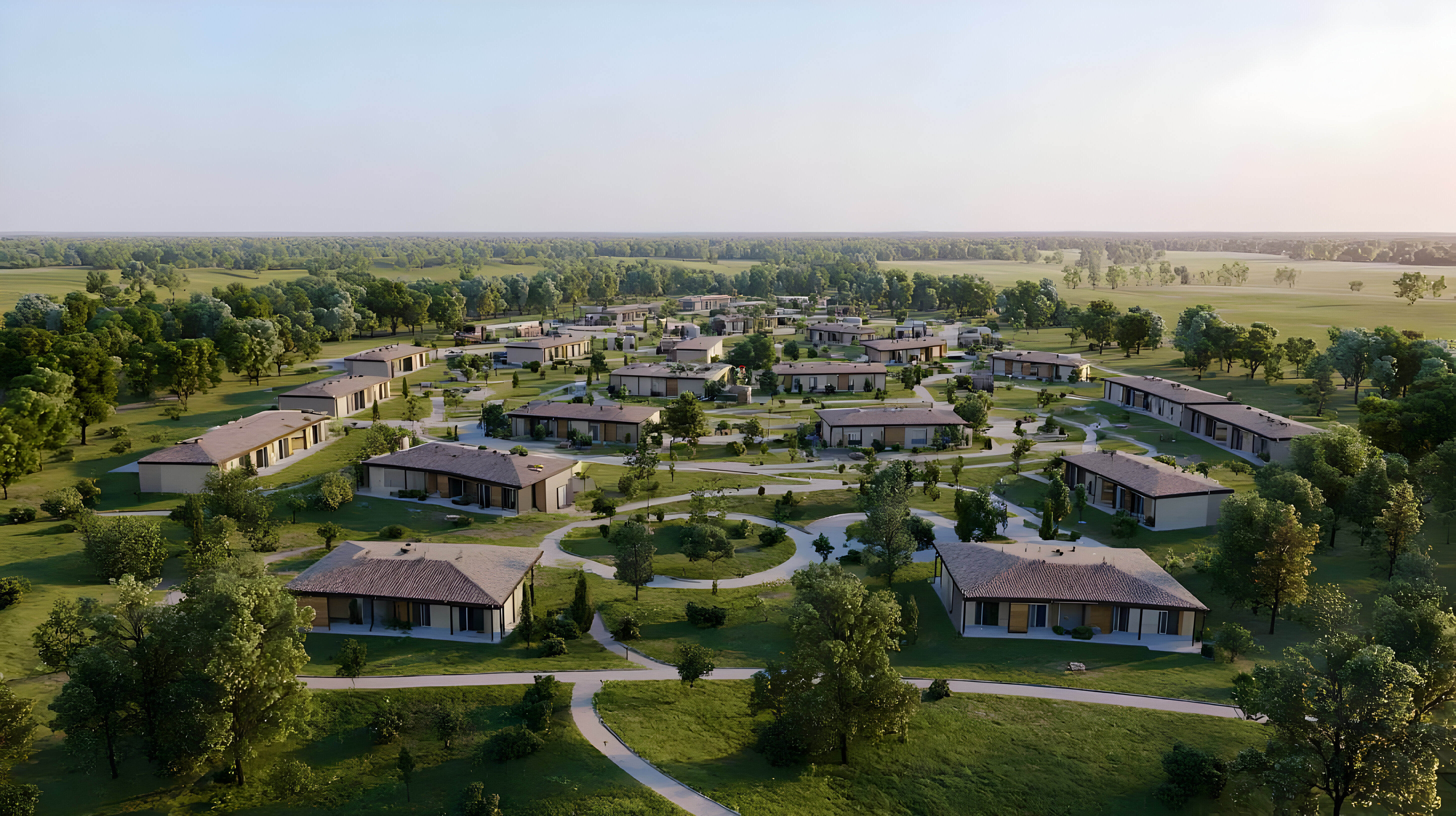 Modern outdoor seating area with two cushioned sofas facing a wooden coffee table under a pergola, overlooking a pool surrounded by tropical plants and lounge chairs.