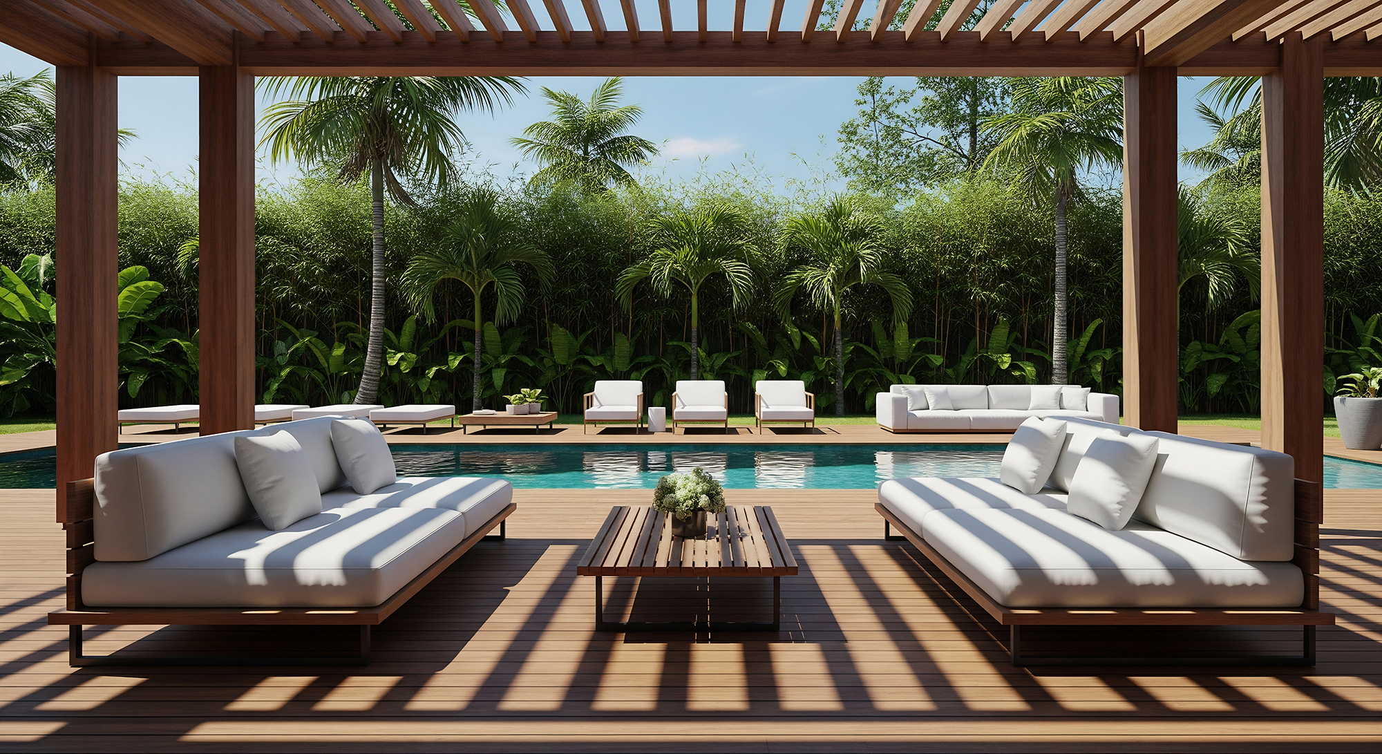 Modern outdoor seating area with two cushioned sofas facing a wooden coffee table under a pergola, overlooking a pool surrounded by tropical plants and lounge chairs.