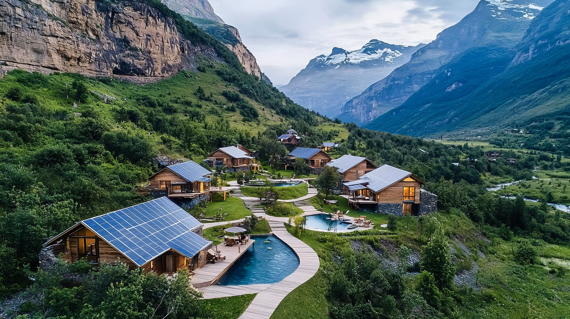 A mountain resort with wooden cabins, swimming pools, and solar panels surrounded by green trees and rocky cliffs.