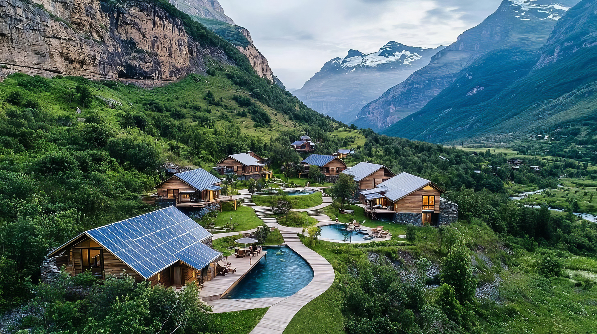 A mountain resort with wooden cabins, swimming pools, and solar panels surrounded by green trees and rocky cliffs.