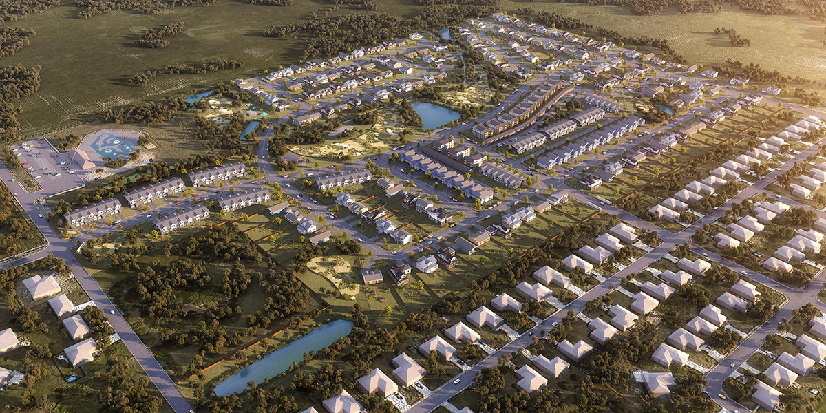 Aerial view of a residential community masterplan with multiple houses, roads, green spaces, and ponds under soft sunset lighting.