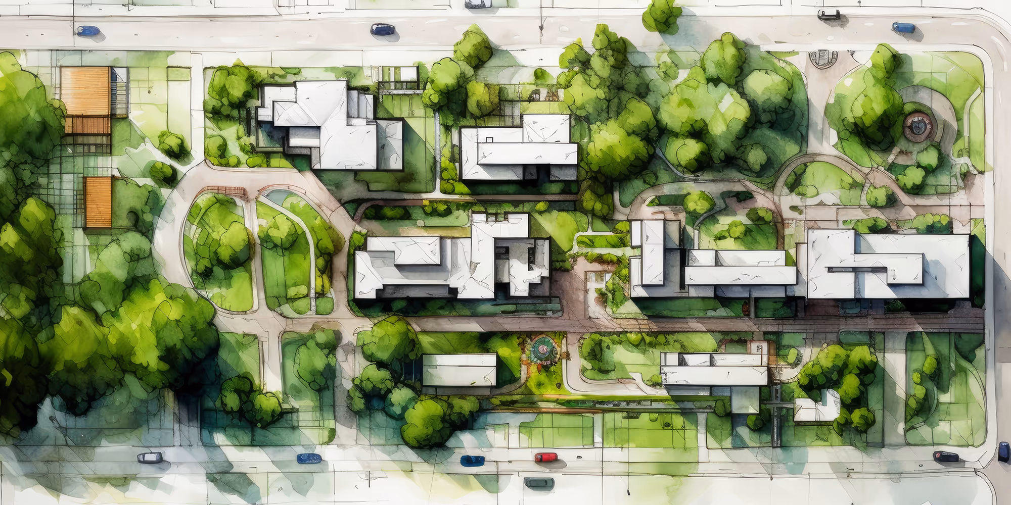 Top-down architectural site plan showing multiple white-roofed buildings, pathways, green spaces, trees, roads, and parked cars.