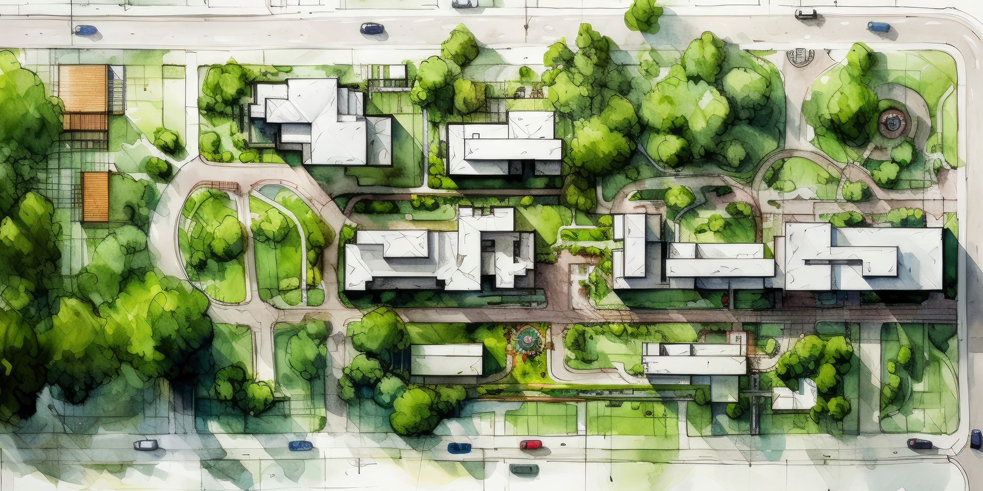 Top-down architectural site plan showing multiple white-roofed buildings, pathways, green spaces, trees, roads, and parked cars.