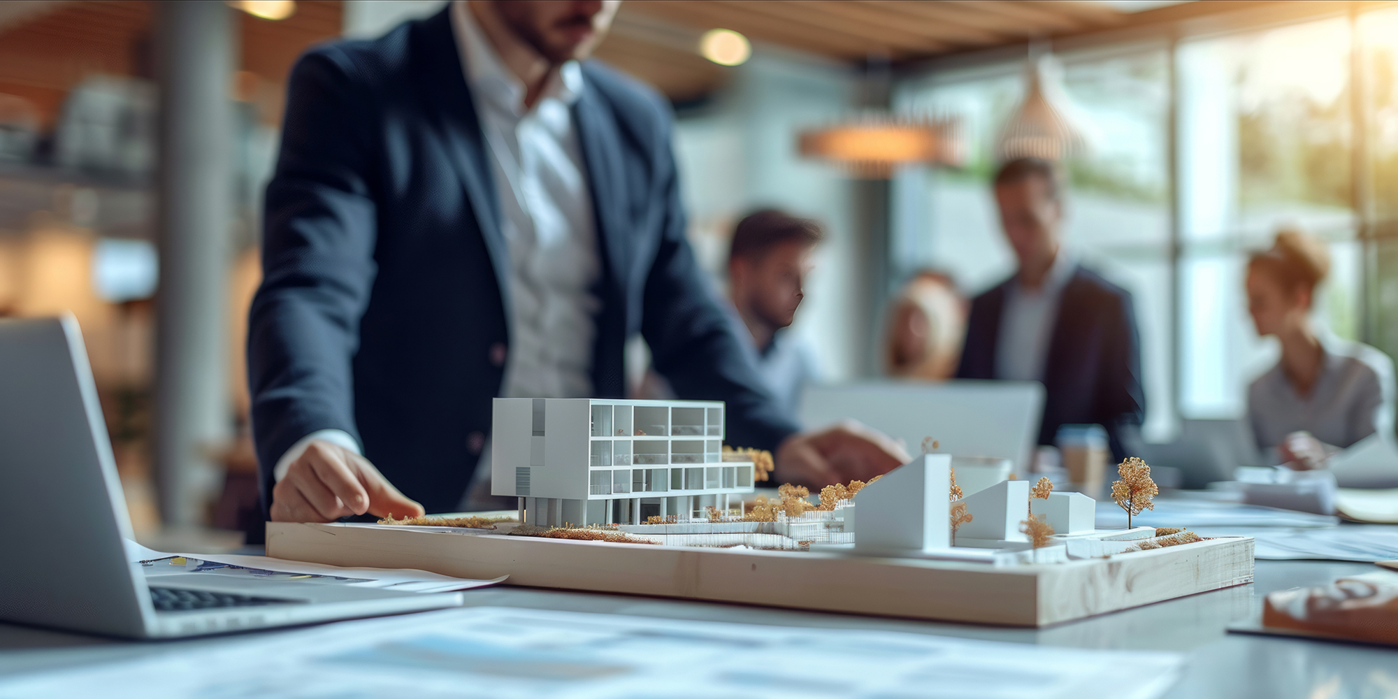 Architectural model of modern buildings on a table with a man in a suit and colleagues working in the background.