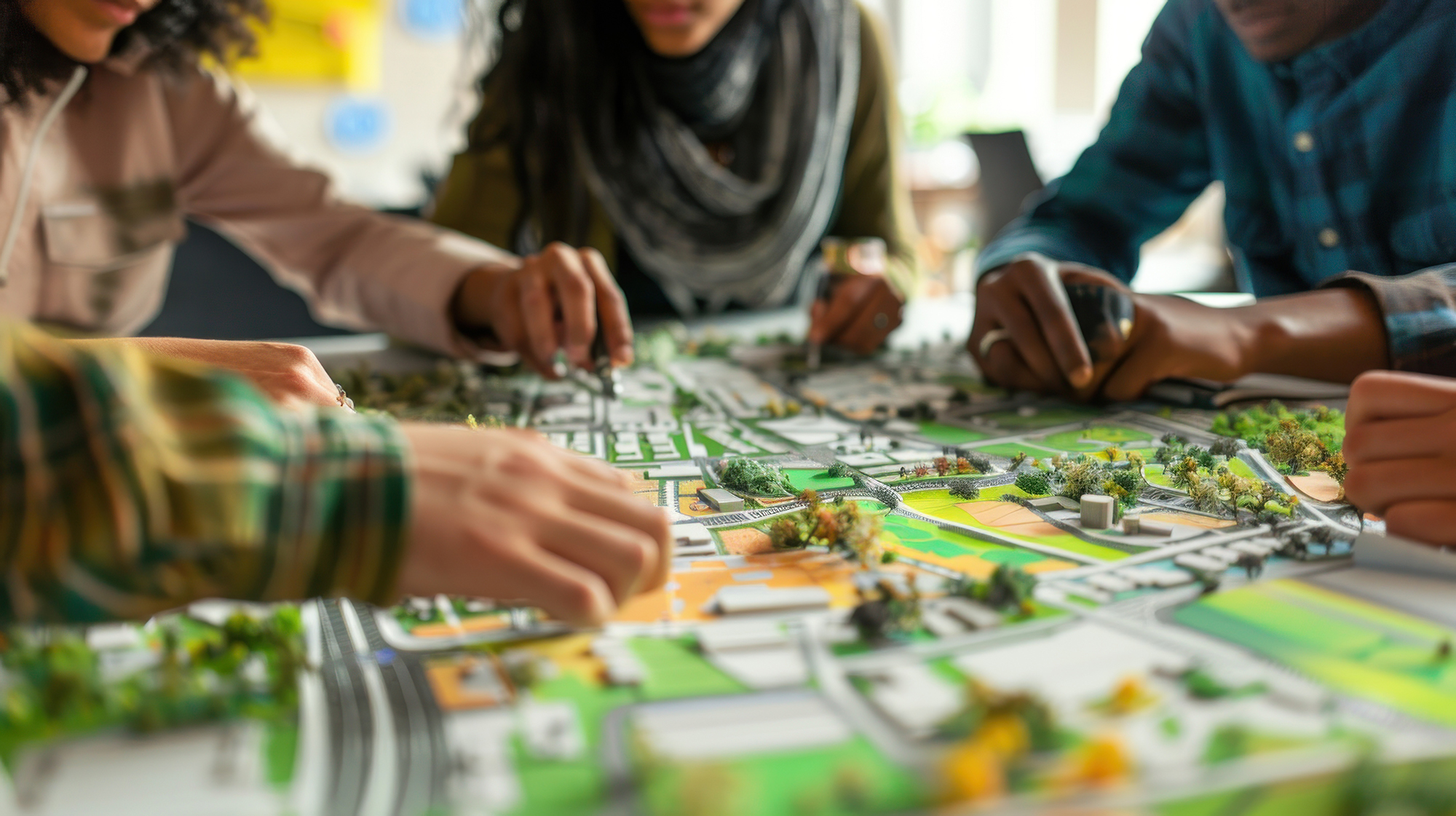 Diverse group of people collaborating over a detailed architectural model of a community layout with buildings and green spaces.