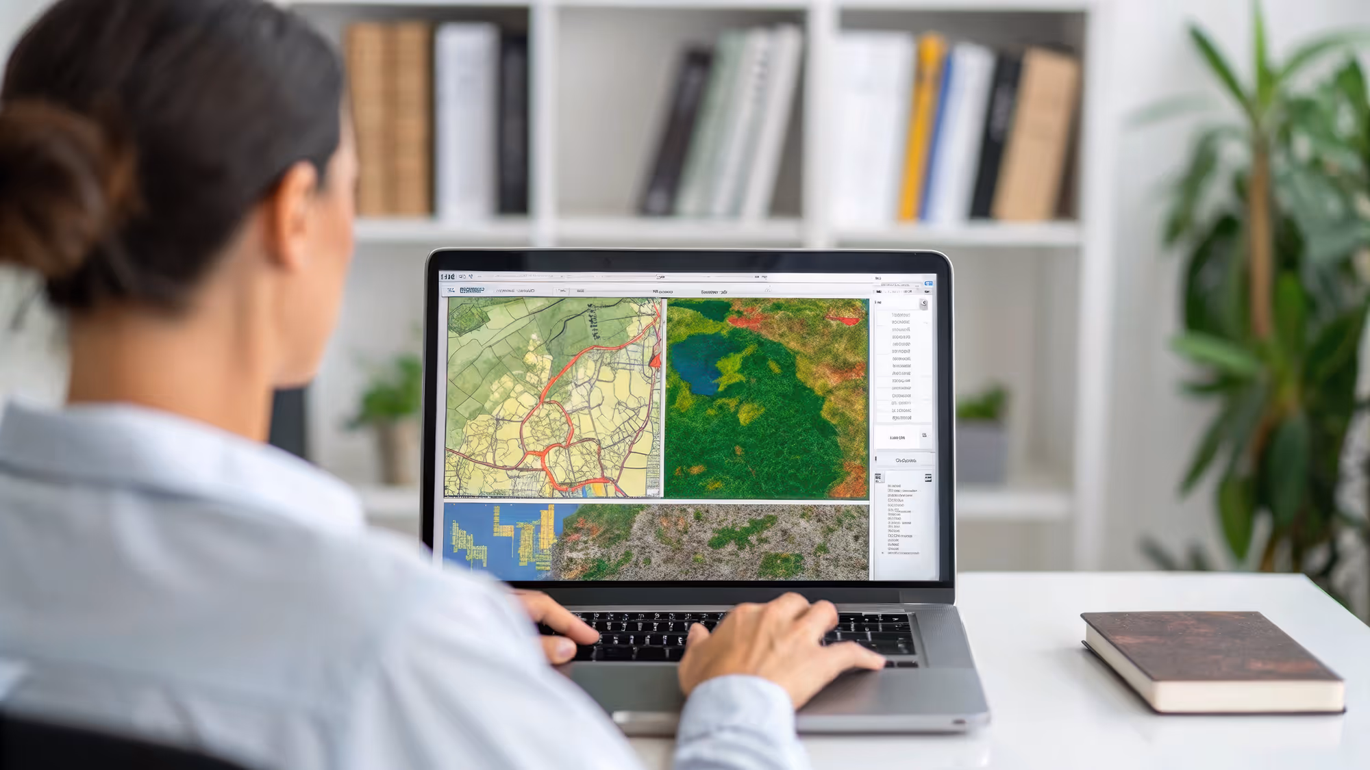 Person working on a laptop displaying geographic information system maps with colorful topographic and road details.