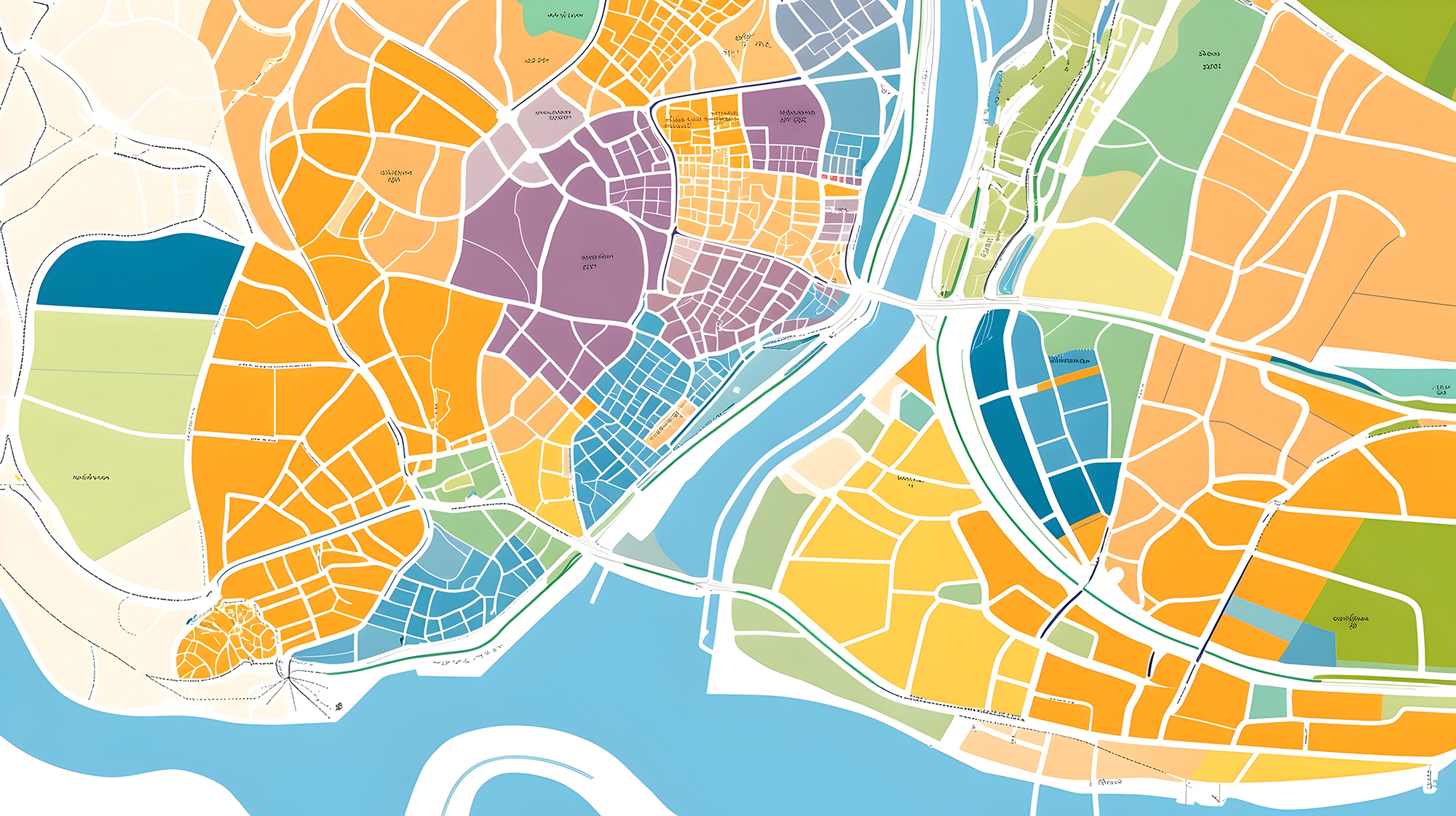 Color-coded map showing various city districts and roadways adjacent to a waterway.