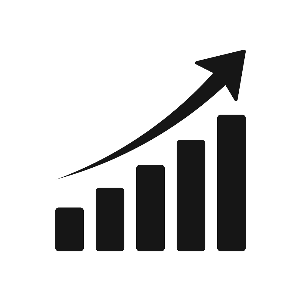 Bar chart with four ascending bars and an upward trending arrow above them.