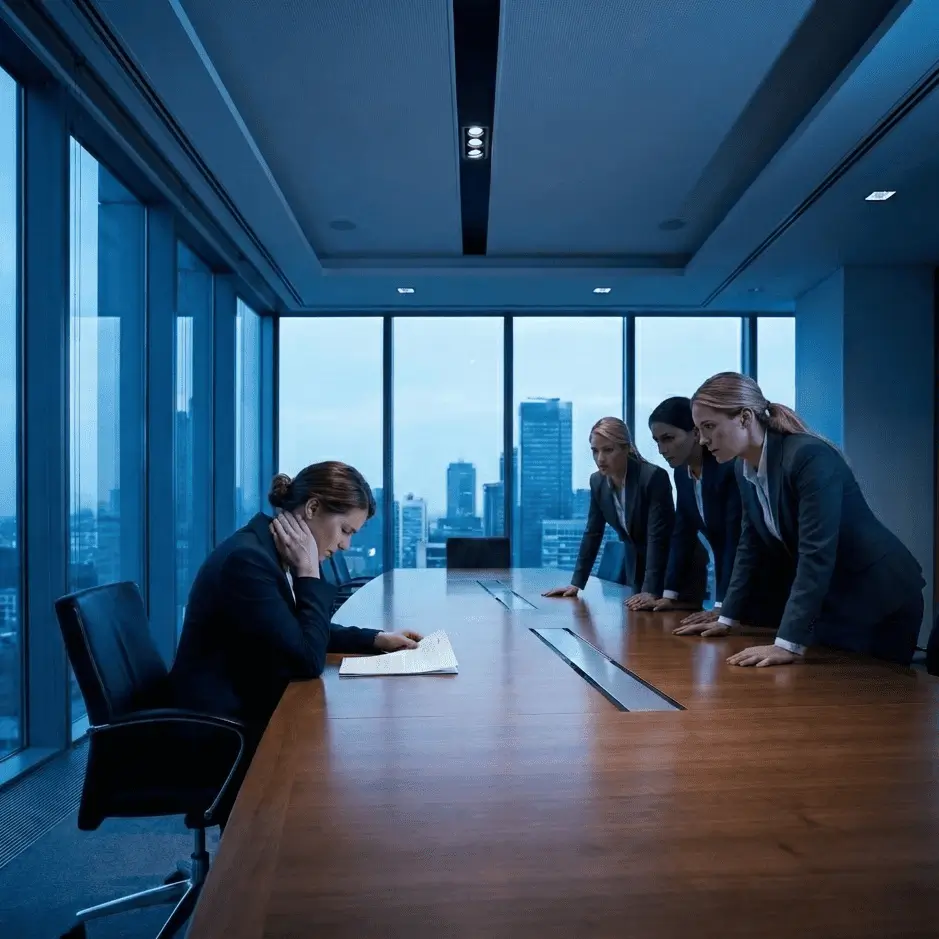 A woman sitting alone at a large conference table reading a document, while three other women stand on the opposite side of the table watching her in a modern office with city views.