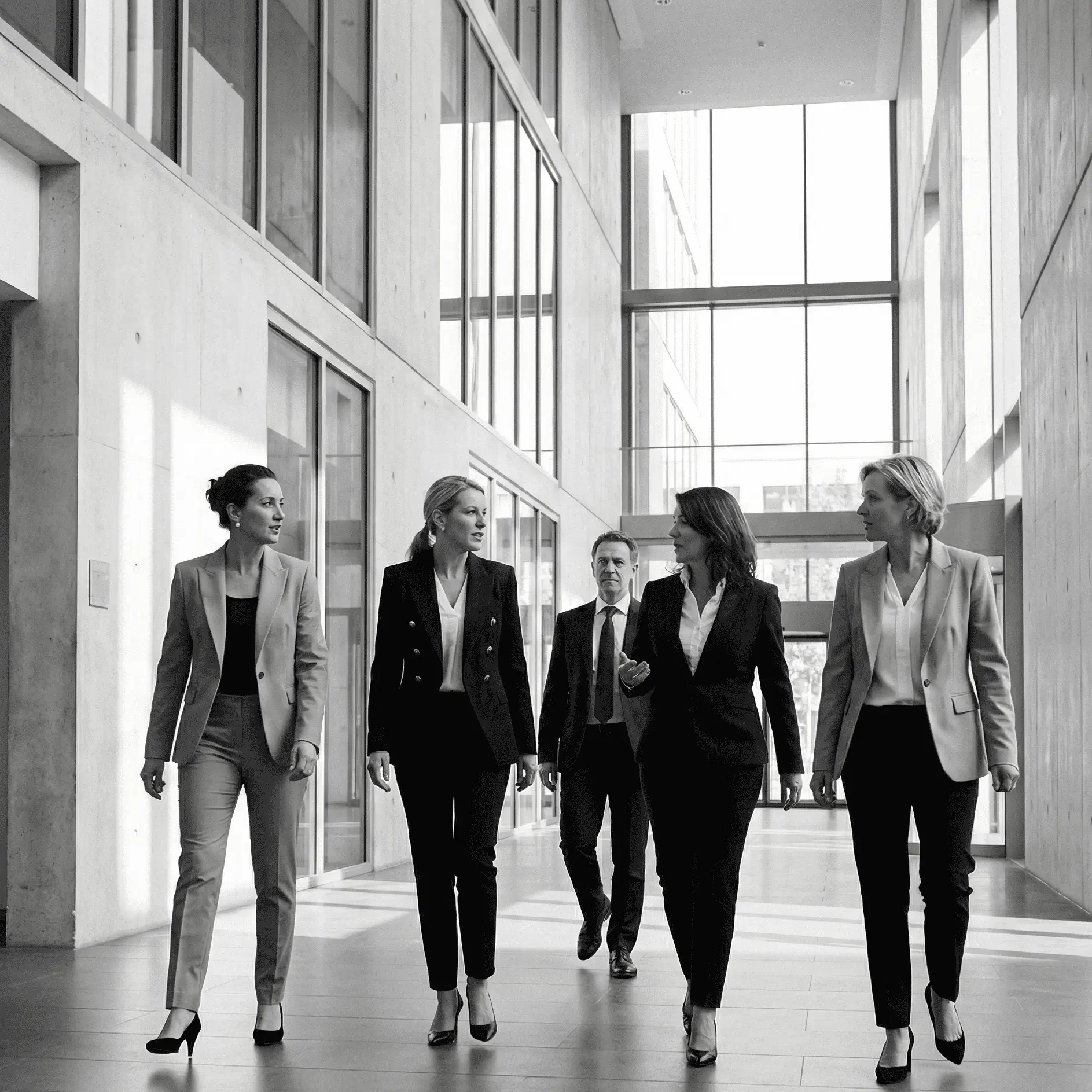 Four businesswomen and one businessman walking and talking in a modern office building lobby with large windows.