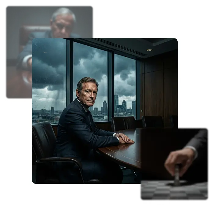 Man in a dark suit sitting at a conference table with a city skyline and stormy clouds visible through large windows.