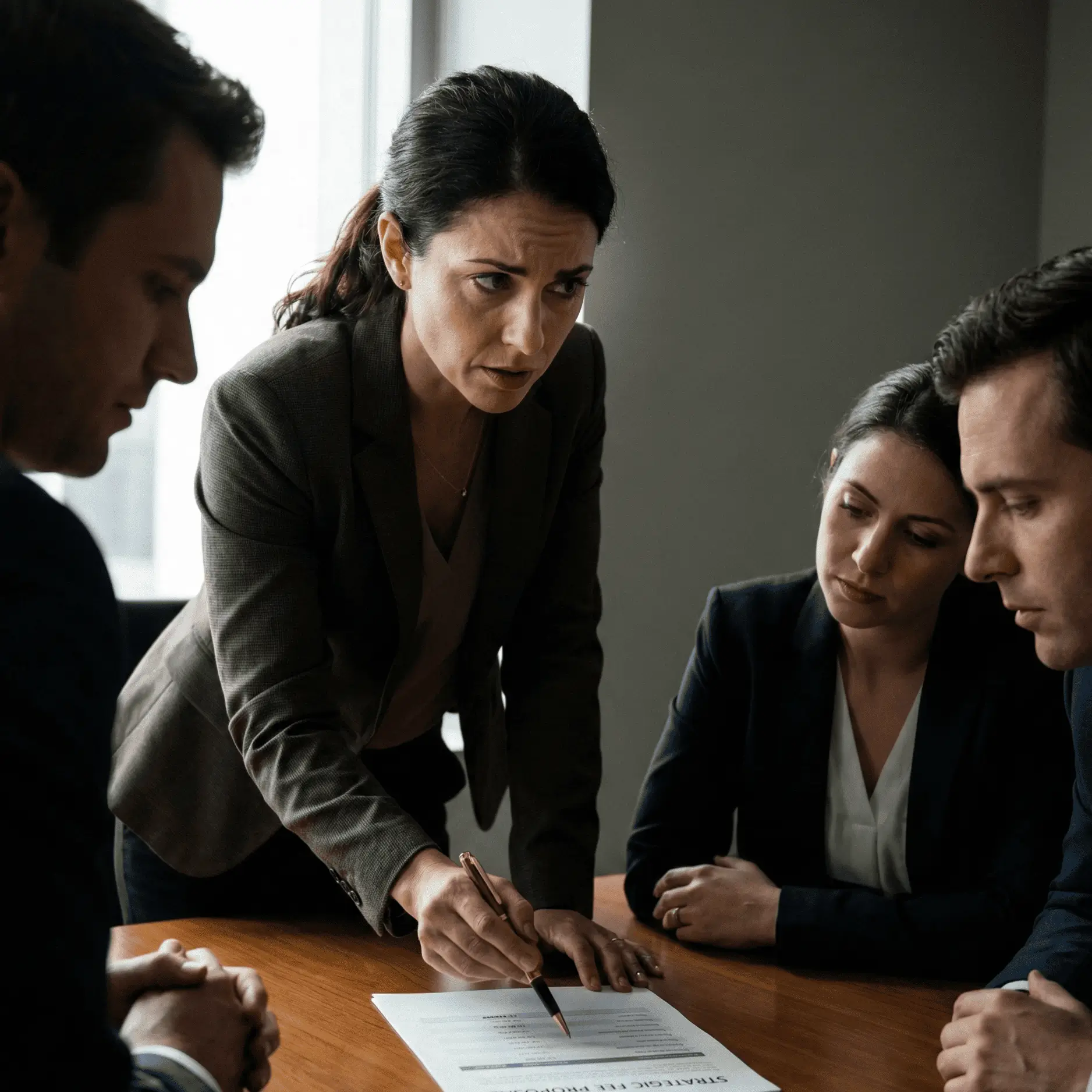 Four business professionals in a serious meeting reviewing a printed document on a wooden table.