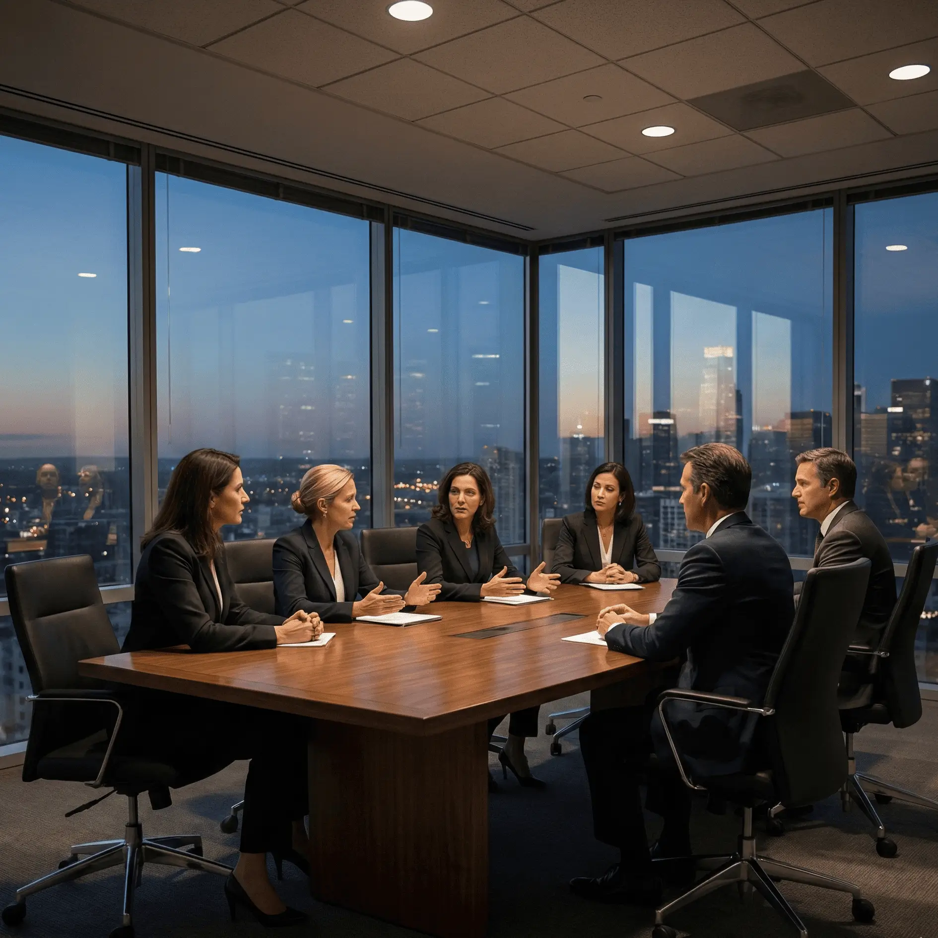 Six business professionals in formal attire having a discussion around a wooden conference table in a high-rise office at dusk.