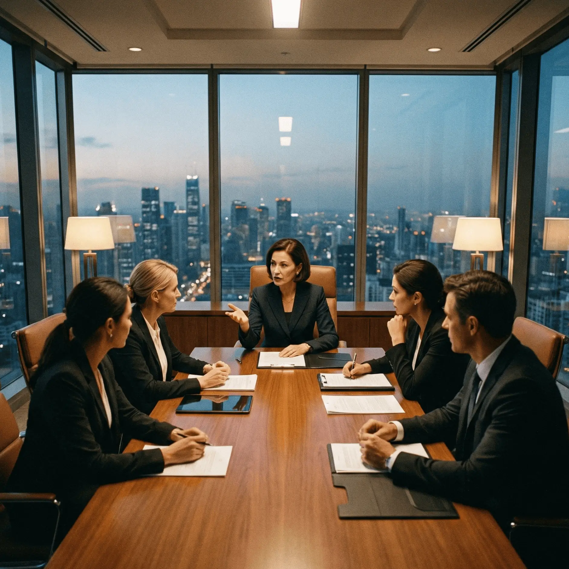 Five business professionals in suits having a meeting around a conference table with a cityscape visible through large windows at dusk.