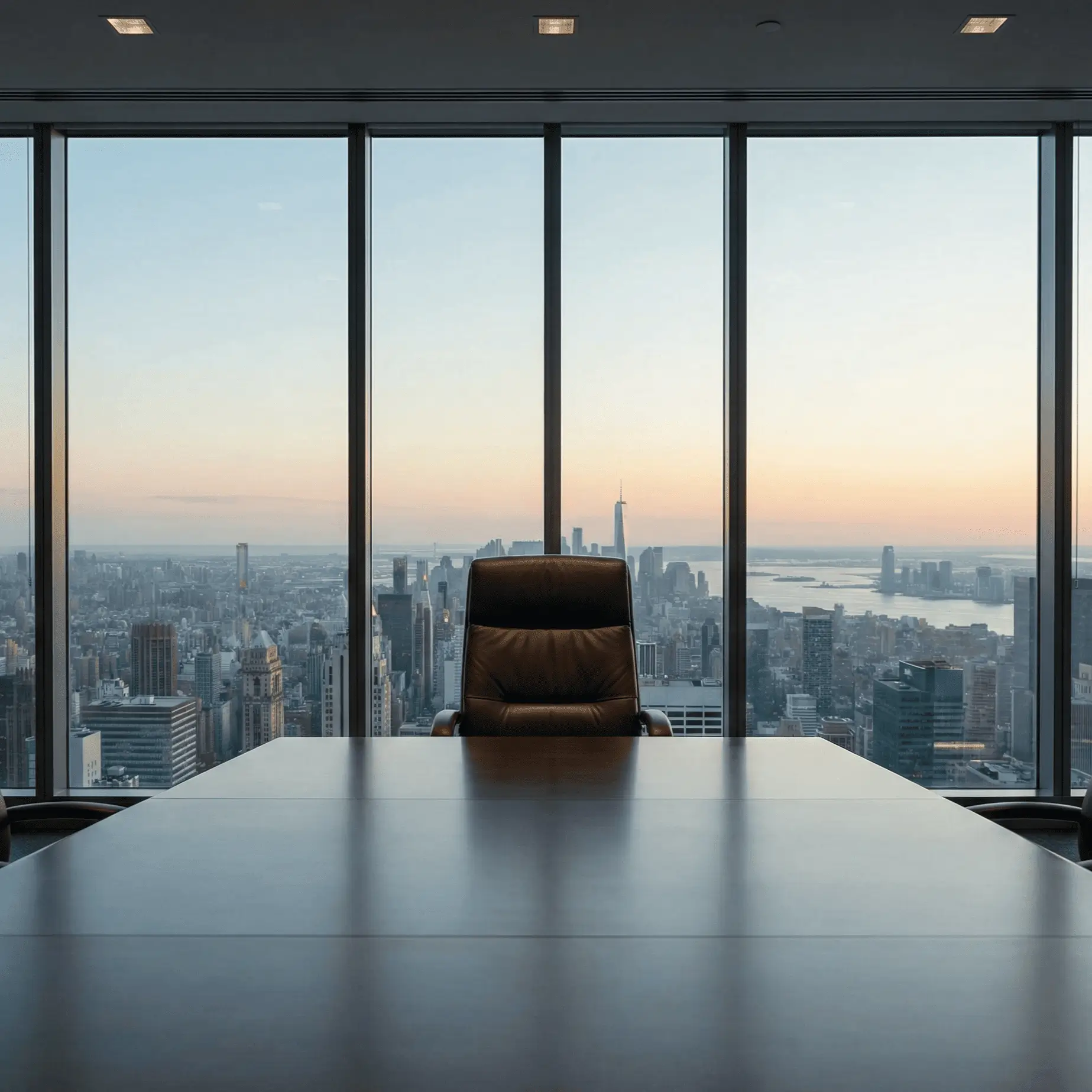 Empty black leather office chair behind large conference table in a high-rise office with floor-to-ceiling windows overlooking a city skyline at sunset.