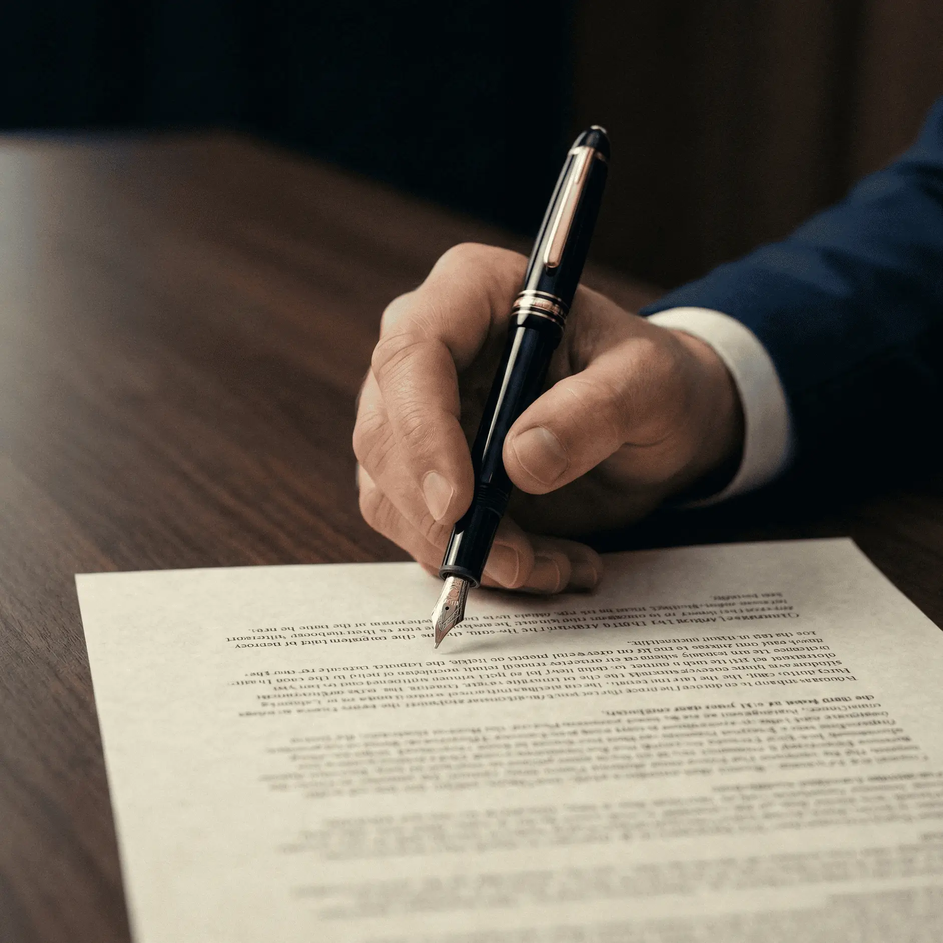 Person holding a black fountain pen over a document on a wooden table.
