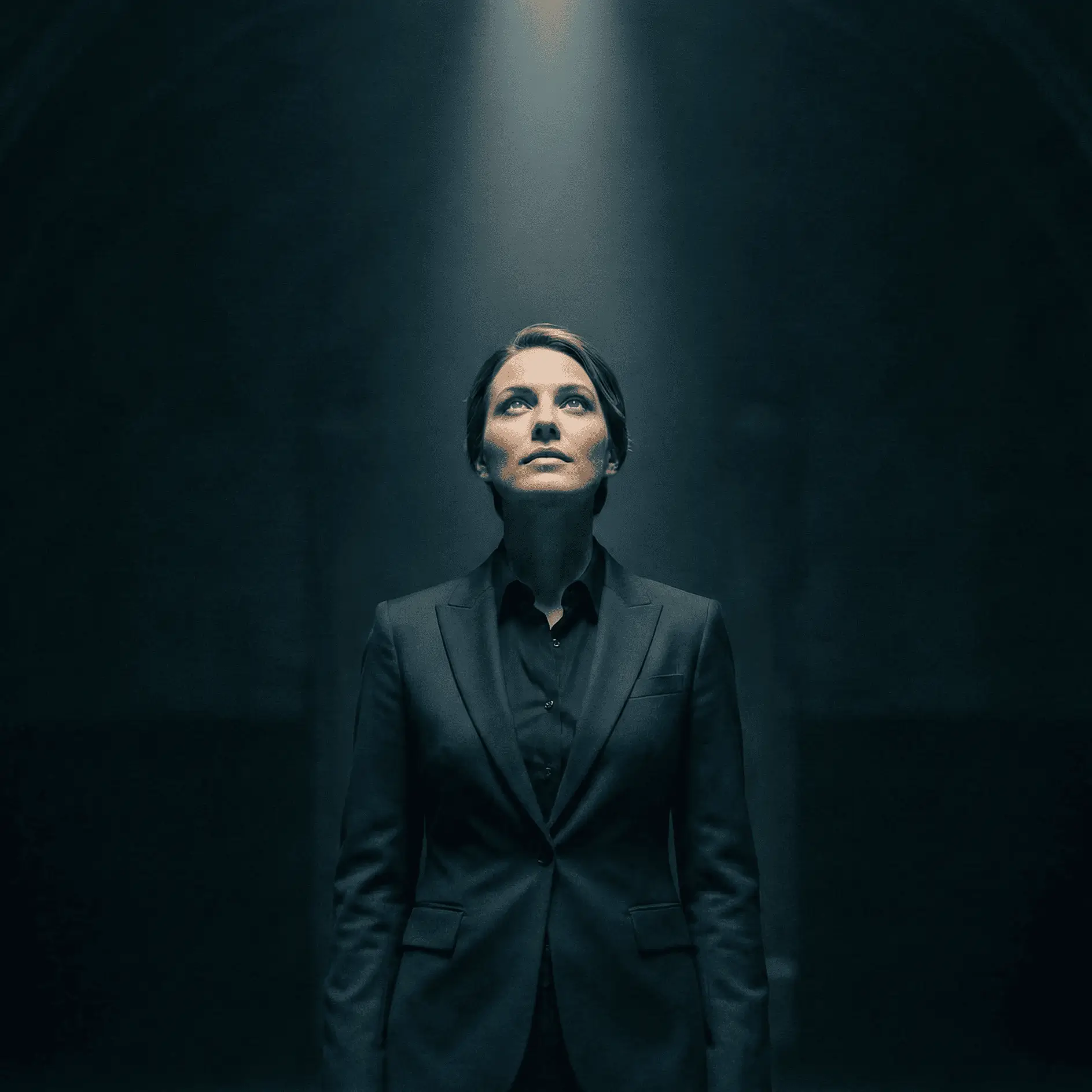 Confident woman in a black suit illuminated by a spotlight looking upwards against a dark background.