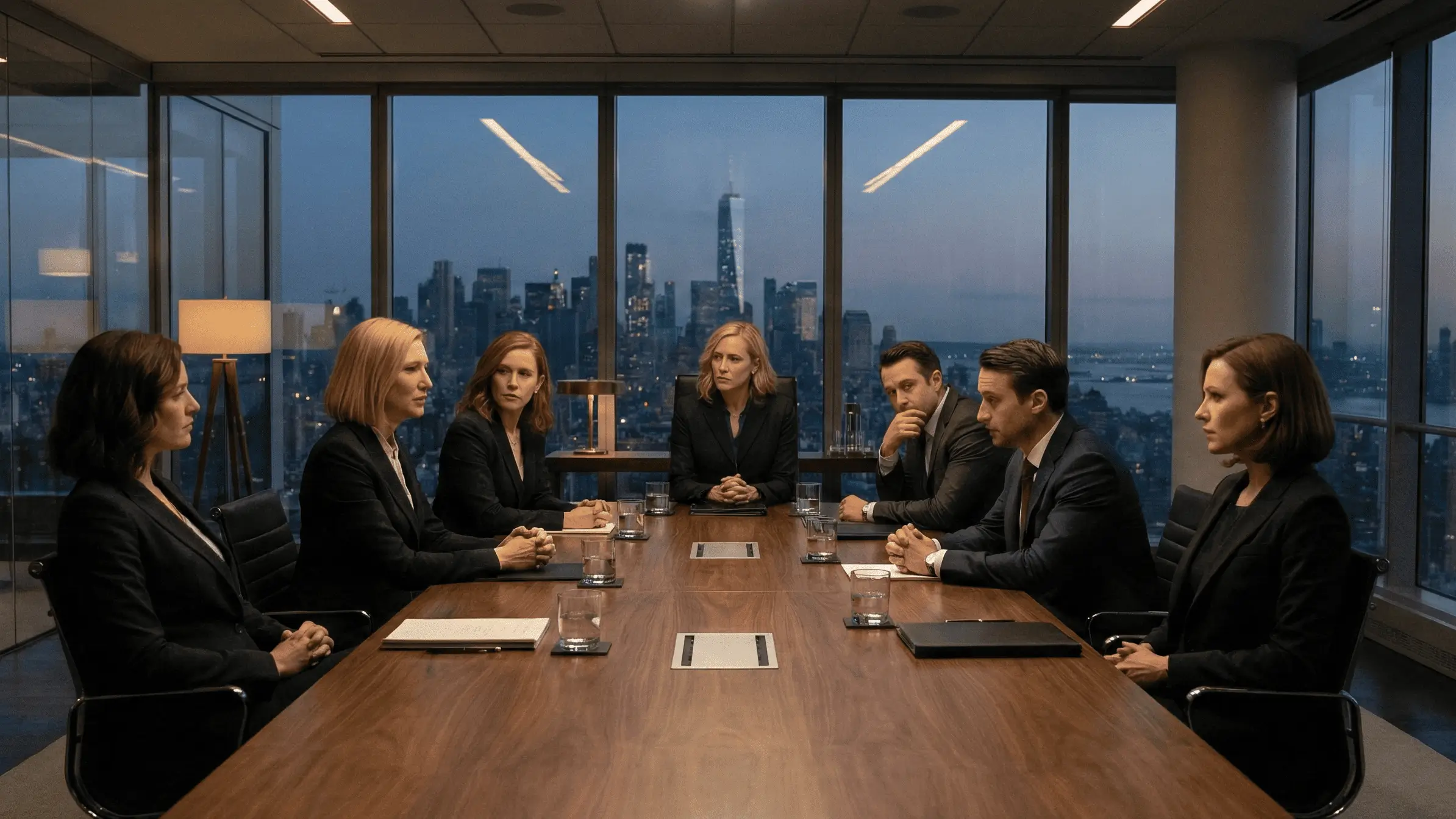Seven business professionals in dark suits seated around a conference table with a city skyline visible through large windows at dusk.