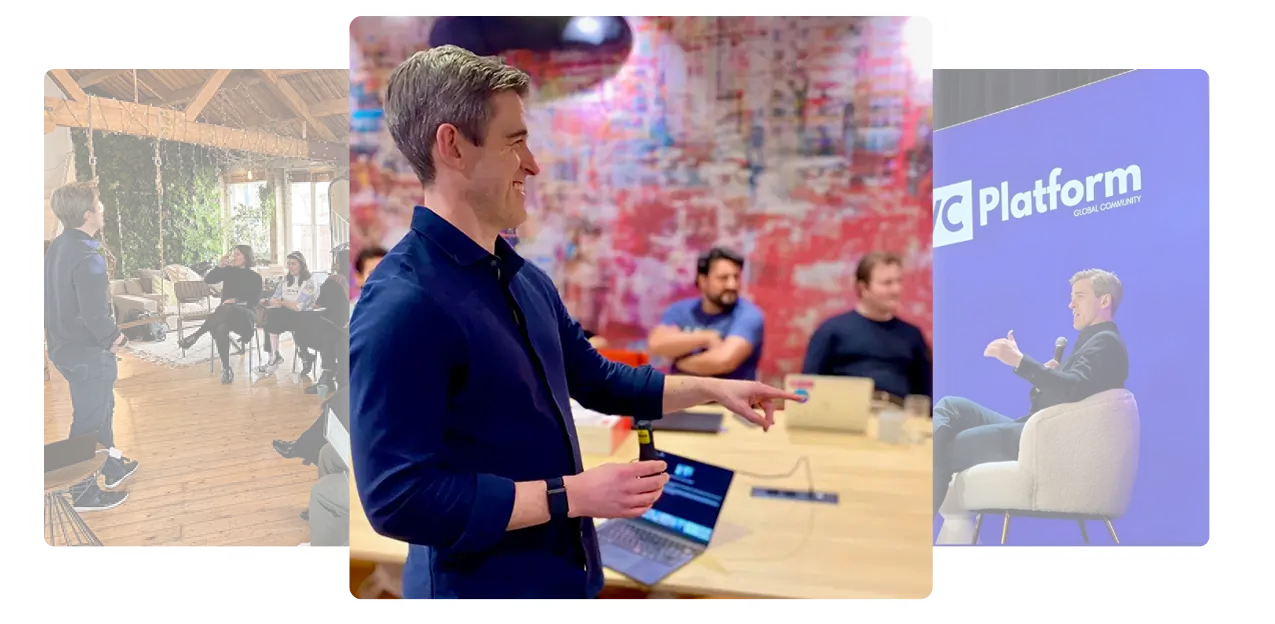 Scott Walker giving a presentation in casual office and conference settings, engaging with different audiences.