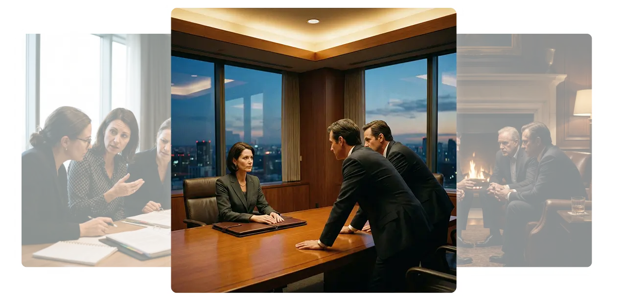 Serious business meeting in a high-rise office at dusk with three men standing and one woman sitting at a conference table.
