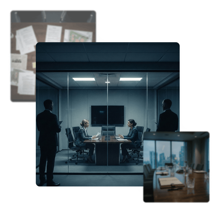 Two businesswomen seated across from each other in a glass-walled conference room, with two men standing nearby in a modern office.