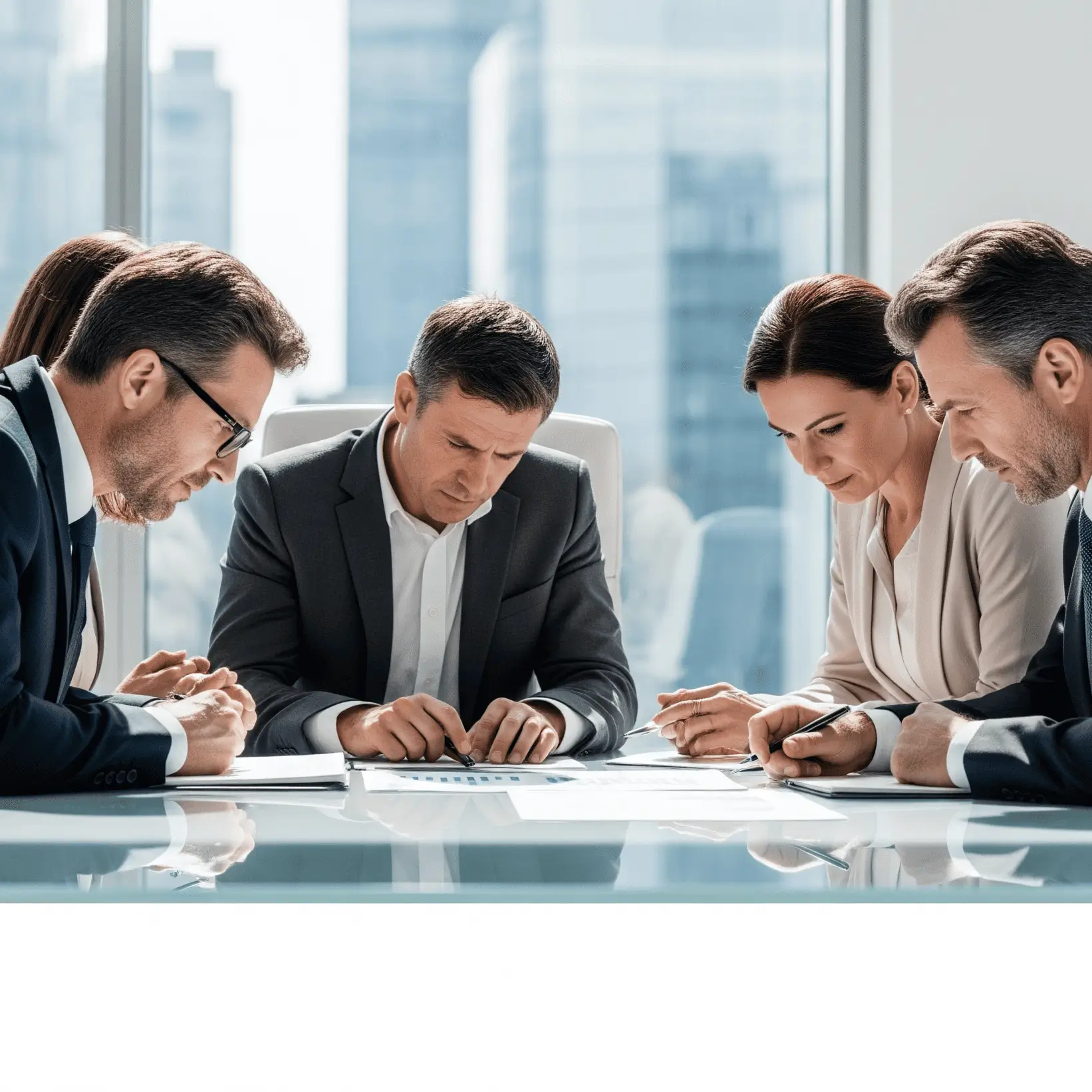 Five business professionals in suits and business attire focused on reviewing documents and charts at a conference table in a modern office.