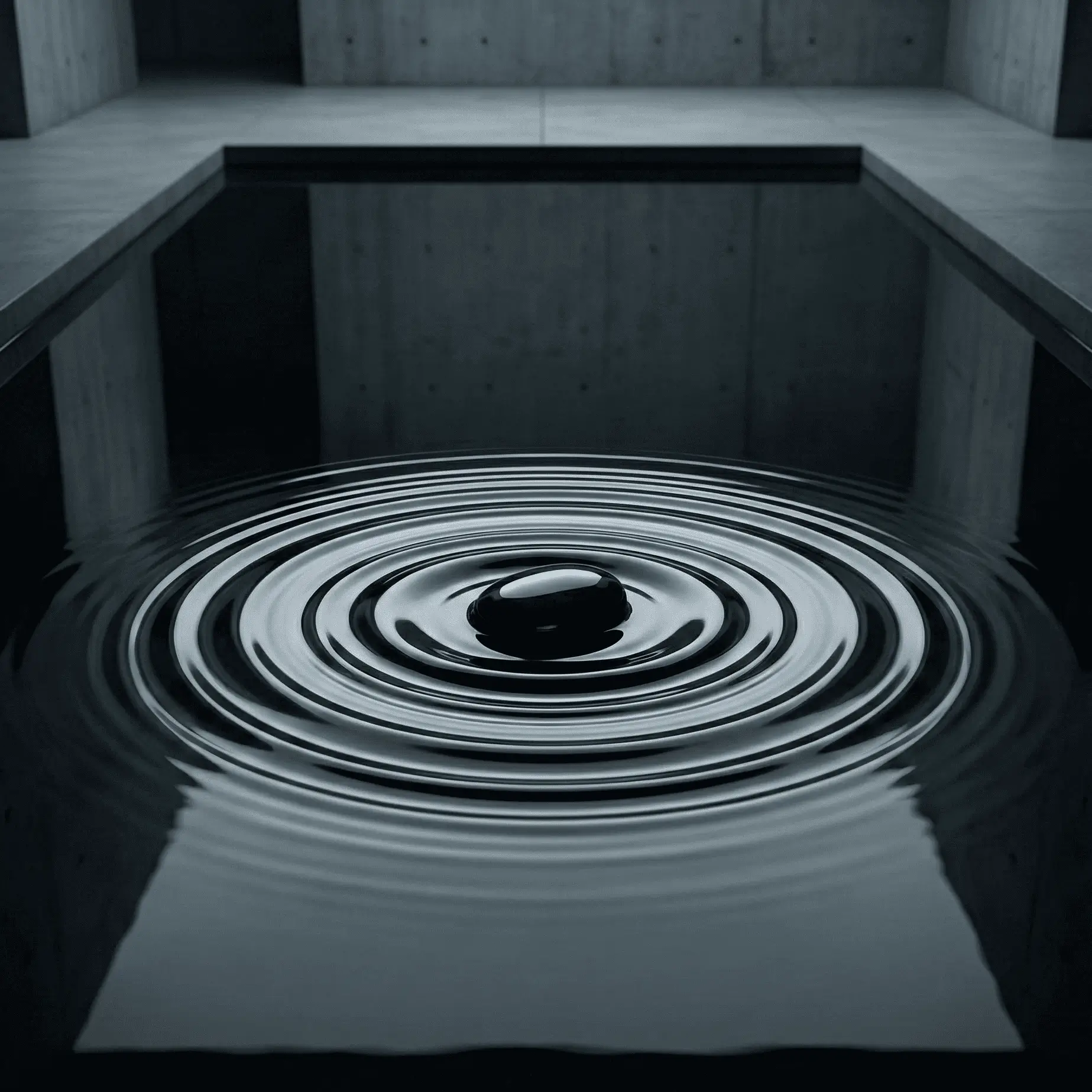 A black stone floating on calm water creating concentric ripples in a modern concrete pool.