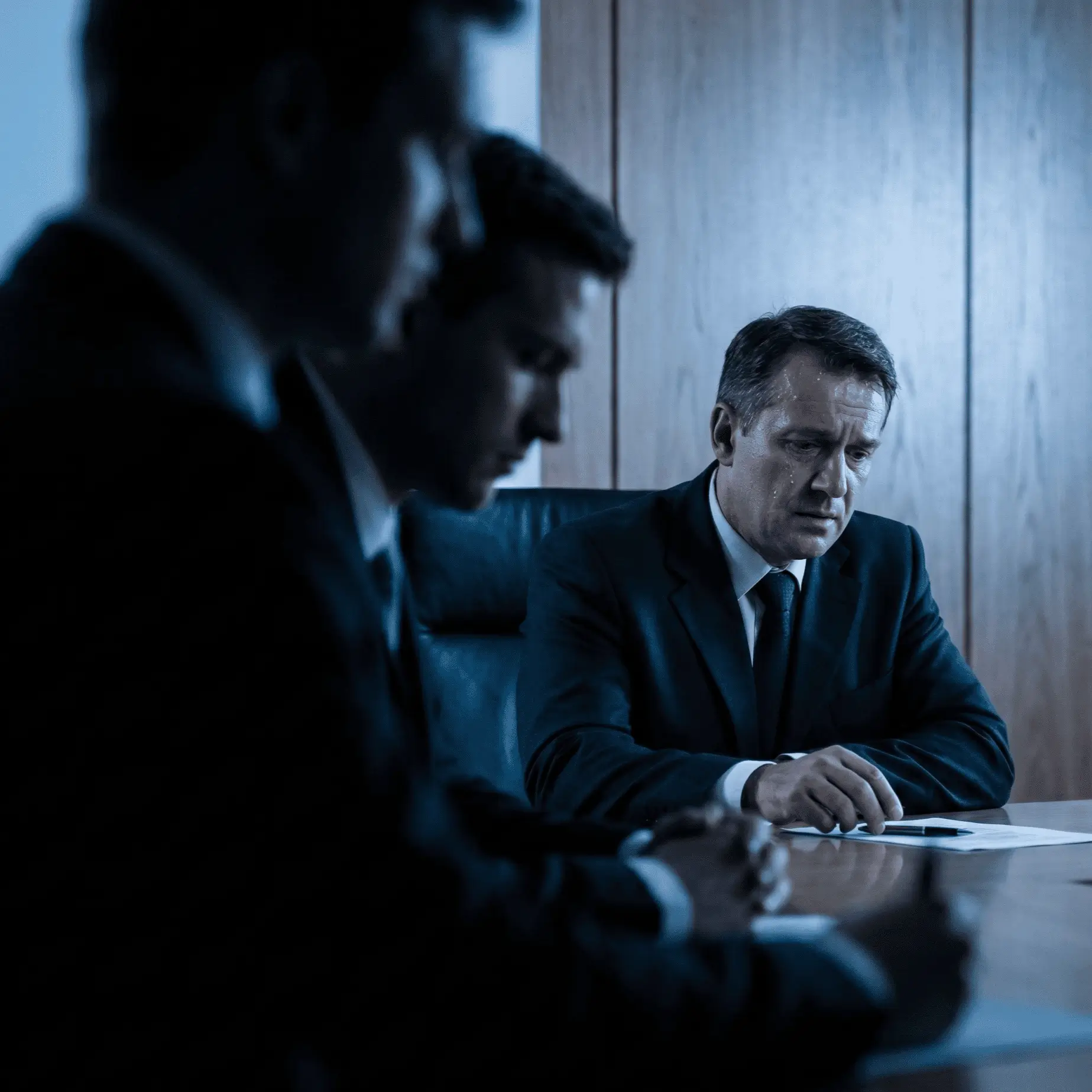Three men in suits sitting at a table, with the man in the background looking distressed and sweating.