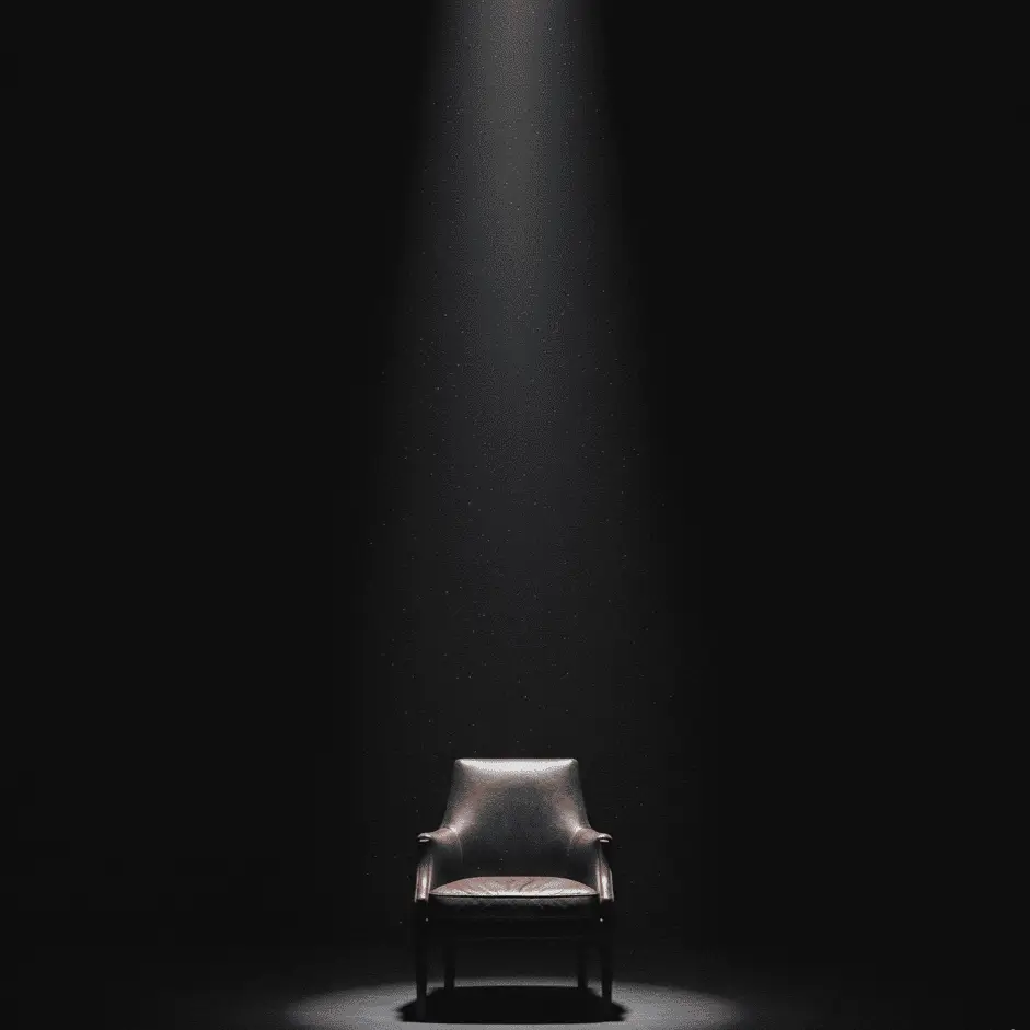 Dark leather chair illuminated by a focused spotlight against a black background.