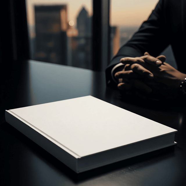 Closed white hardcover book on a dark desk with a person in a suit sitting with clasped hands in the background.