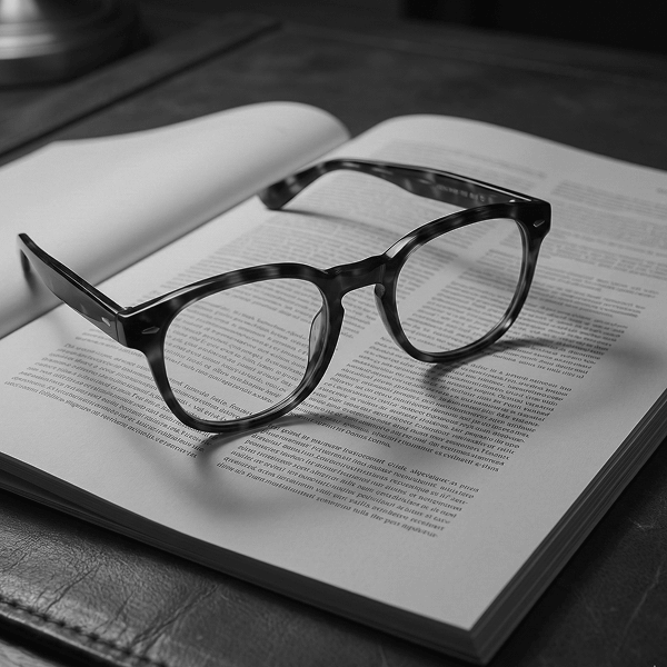 Black-rimmed eyeglasses resting on an open book with text.