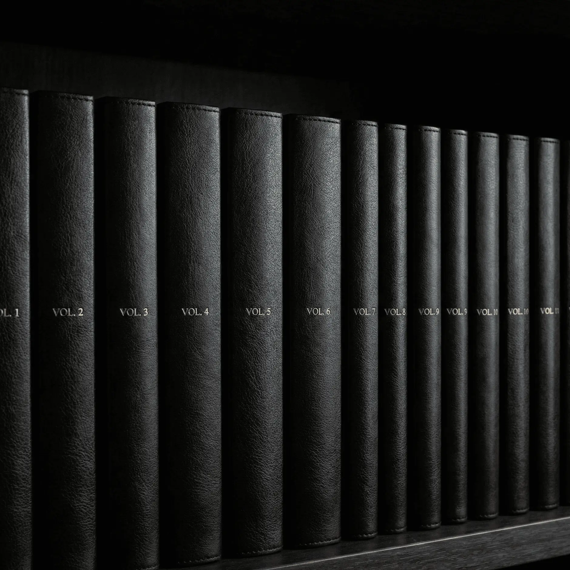 Row of black leather-bound books labeled with volume numbers from 1 to 11 on a dark shelf.