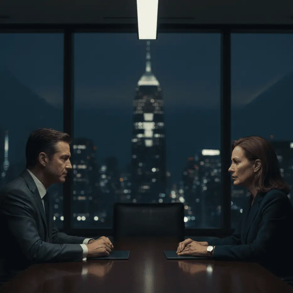 Man and woman in formal attire sitting across a conference table with city skyline and illuminated skyscraper visible through large windows at night.