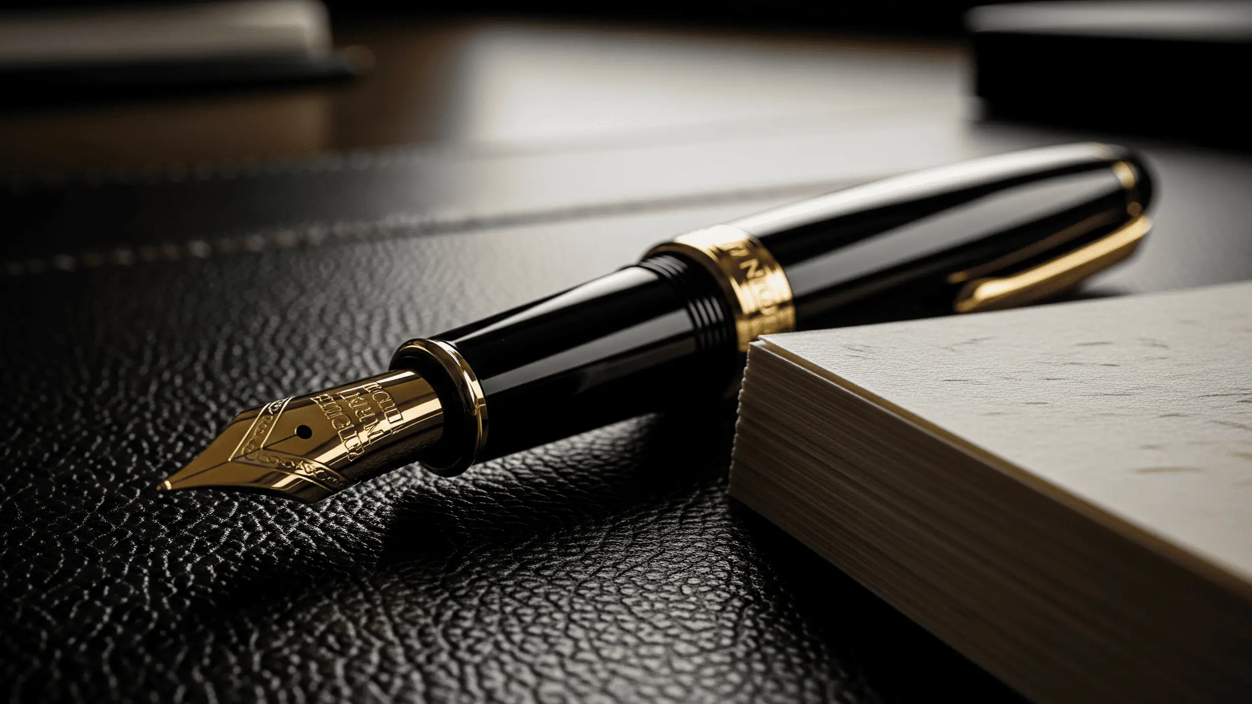 Close-up of a black and gold fountain pen resting on textured black leather next to a closed book.