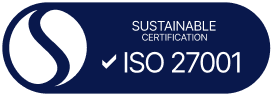 Certificación sostenible ISO 27001 con logotipo y marca de verificación sobre fondo azul oscuro.