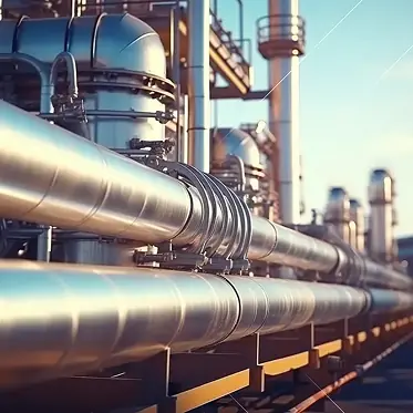 Primer plano de grandes tuberías y válvulas metálicas industriales en una planta de procesamiento con un fondo de cielo azul.