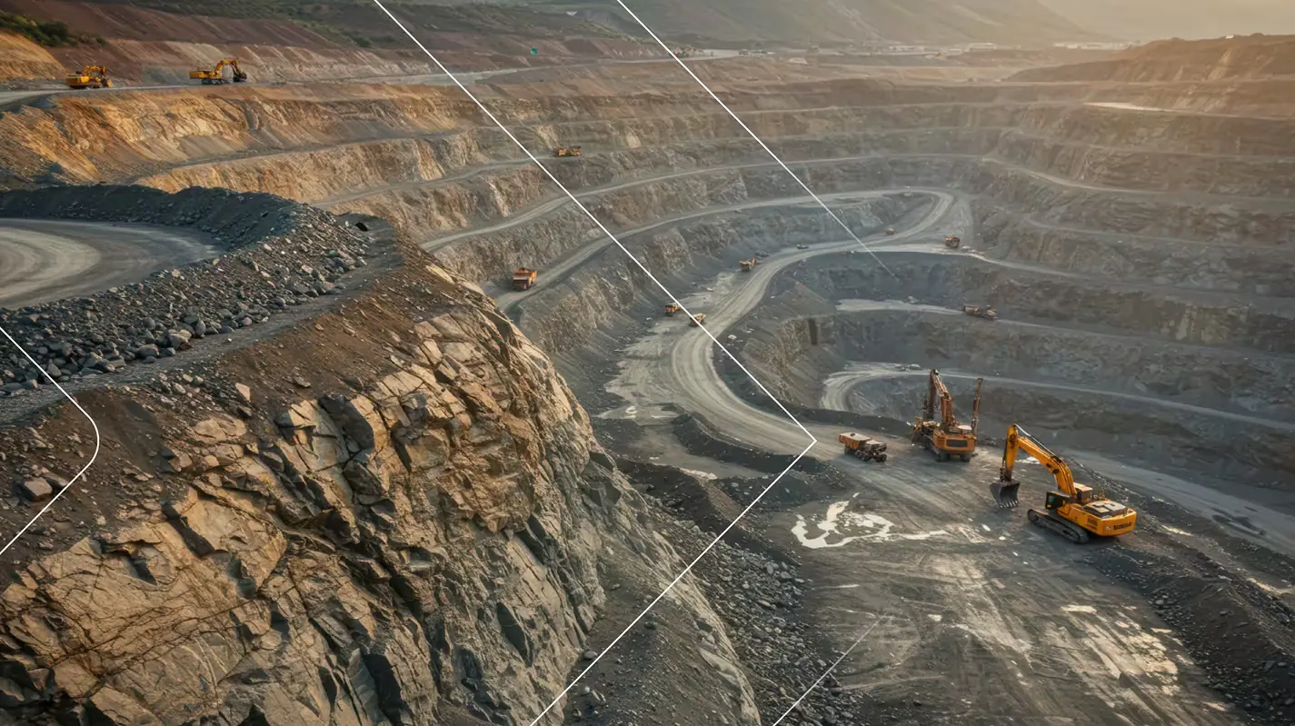 sitio de trabajo de minería a cielo abierto sitio de trabajo capas de roca en terrazas, maquinaria pesada y camiones volquete en sinuosos caminos de tierra.