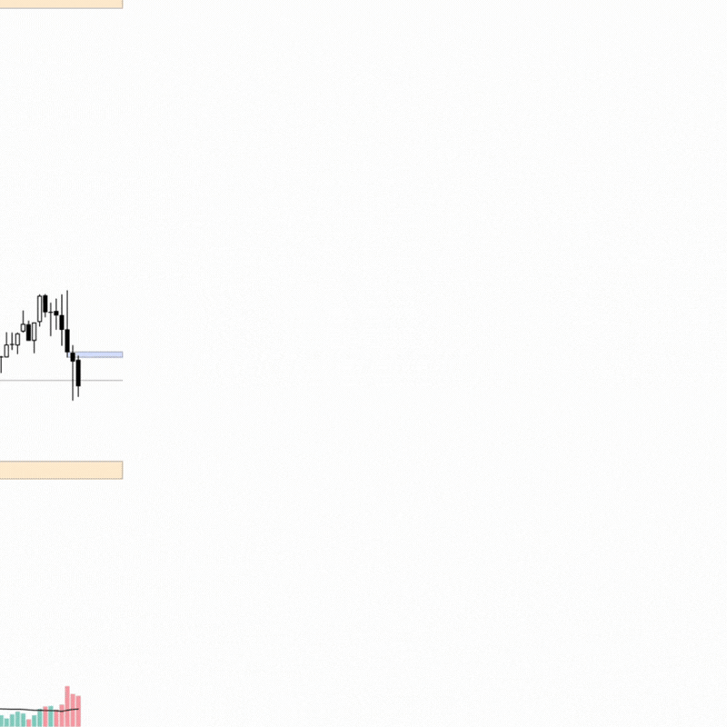 Animated candlestick chart showing a price drop followed by a rebound and increased volume bars below.