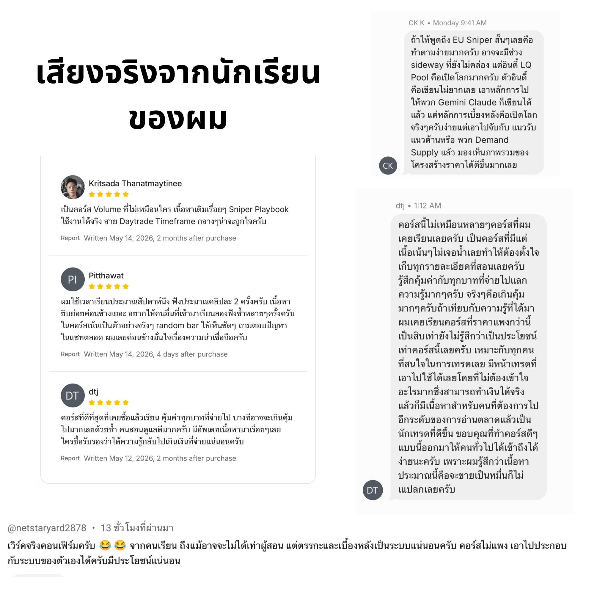 Thai text reviews and messages praising a trading Sniper Playbook course from satisfied students.
