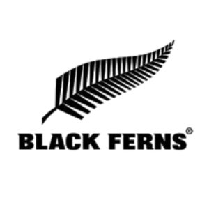 Black silhouette of a silver fern leaf with the text 'BLACK FERNS' below it.