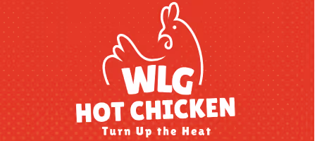 White outline of a chicken with text WLG Hot Chicken and slogan Turn Up the Heat on red background with subtle dots.
