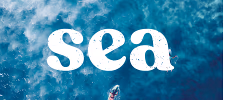 Aerial view of ocean water with white text 'sea' overlayed on the image.